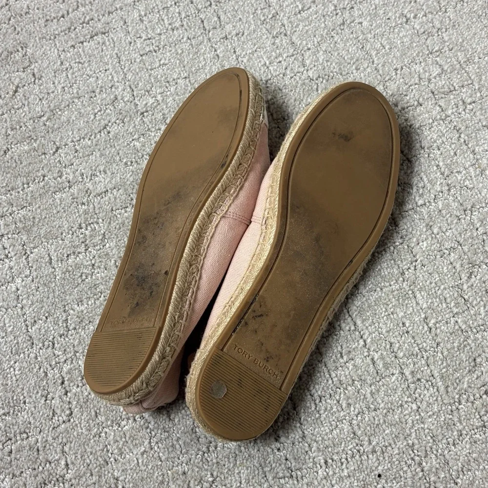 Tory Burch Pink White Colorblock Canvas Espadrille Slip On Logo Flats Size 8.5